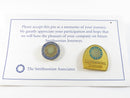 Smithsonian Journeys and Smithsonian Institution Vintage Pinback Set with Card — Gold, Enamel — front view