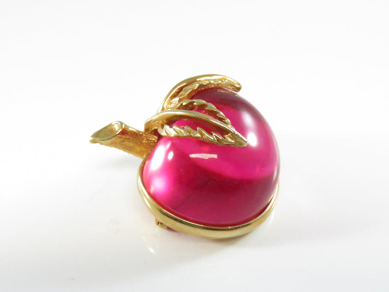 Vintage Sarah Coventry Red Apple Jelly Belly Brooch Gold Tone Leaves - 1 1/2" High
