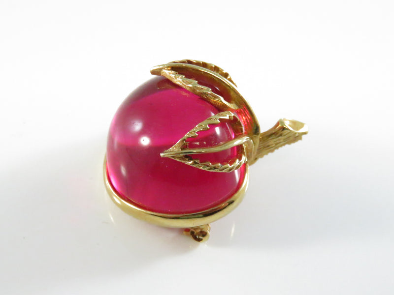 Vintage Sarah Coventry Red Apple Jelly Belly Brooch Gold Tone Leaves - 1 1/2" High