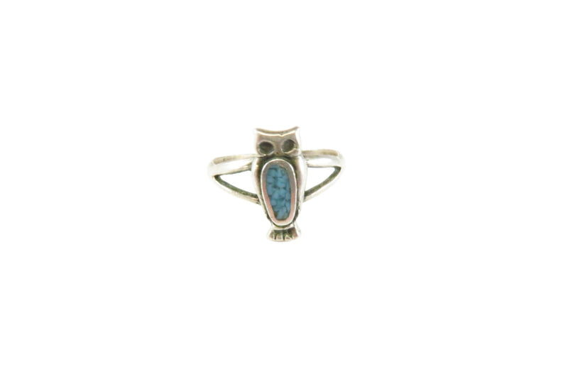 Petite Owl Ring Crushed Turquoise Accented c1980 Nickel Silver