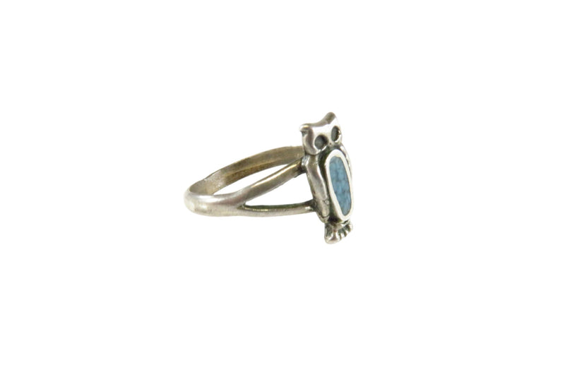 Petite Owl Ring Crushed Turquoise Accented c1980 Nickel Silver