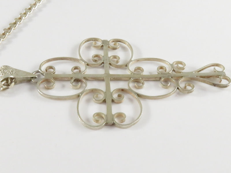 Lovely Sterling Filigree Christian Cross on 24" Sterling Curb Link Necklace