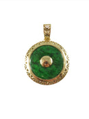 14K Gold Filigree Pendant with Burma Maw-Sit-Sit Malachite Disc with Gold Button product image for Just Stuff I Sell, clear front view, neutral background, original listing photo, optimized descriptive alt text, centered composition