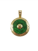 14K Gold Filigree Pendant with Burma Maw-Sit-Sit Malachite Disc with Gold Button product image for Just Stuff I Sell, clear front view, neutral background, original listing photo, optimized descriptive alt text, centered composition