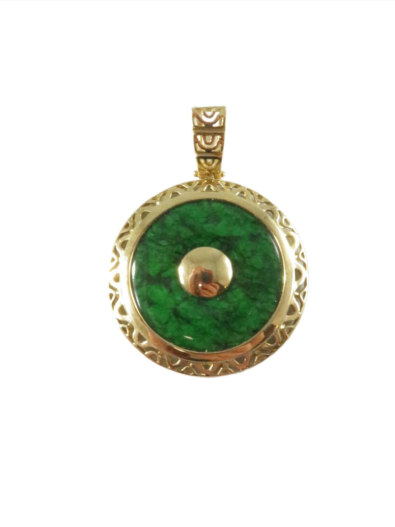 14K Gold Filigree Pendant with Burma Maw-Sit-Sit Malachite Disc with Gold Button product image for Just Stuff I Sell, clear front view, neutral background, original listing photo, optimized descriptive alt text, centered composition