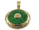 14K Gold Filigree Pendant with Burma Maw-Sit-Sit Malachite Disc with Gold Button product image for Just Stuff I Sell, clear front view, neutral background, original listing photo, optimized descriptive alt text, centered composition variant 2