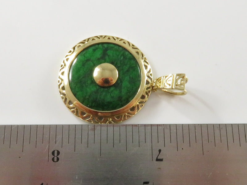 14K Gold Filigree Pendant with Burma Maw-Sit-Sit Malachite Disc with Gold Button