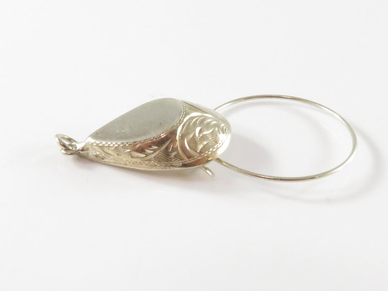Vintage Sterling Silver Tear Drop Charm Holder Pendant with Etched Floral Design