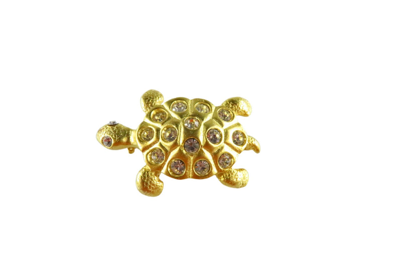 Gold Gilt Large Box Turtle with Rhinestones Brooch 1 7/8" x 1 1/8" — Gold — front view