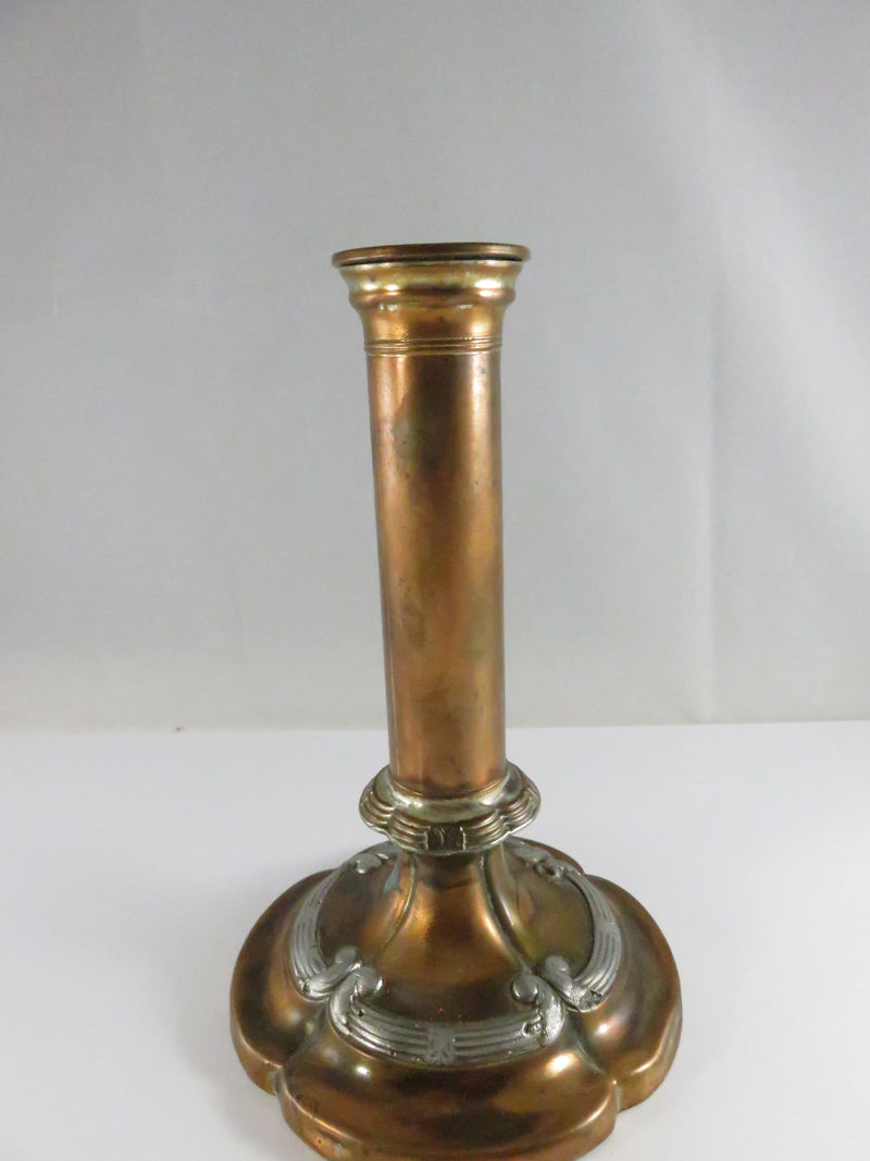 Antique Copper Candle Holder with Silver Accents - Art Nouveau Victorian Era - 7 1/4"