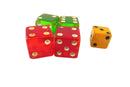 Group of 5 Vintage Game Dice 2 Red 2 Green 1 Formerly White — front view
