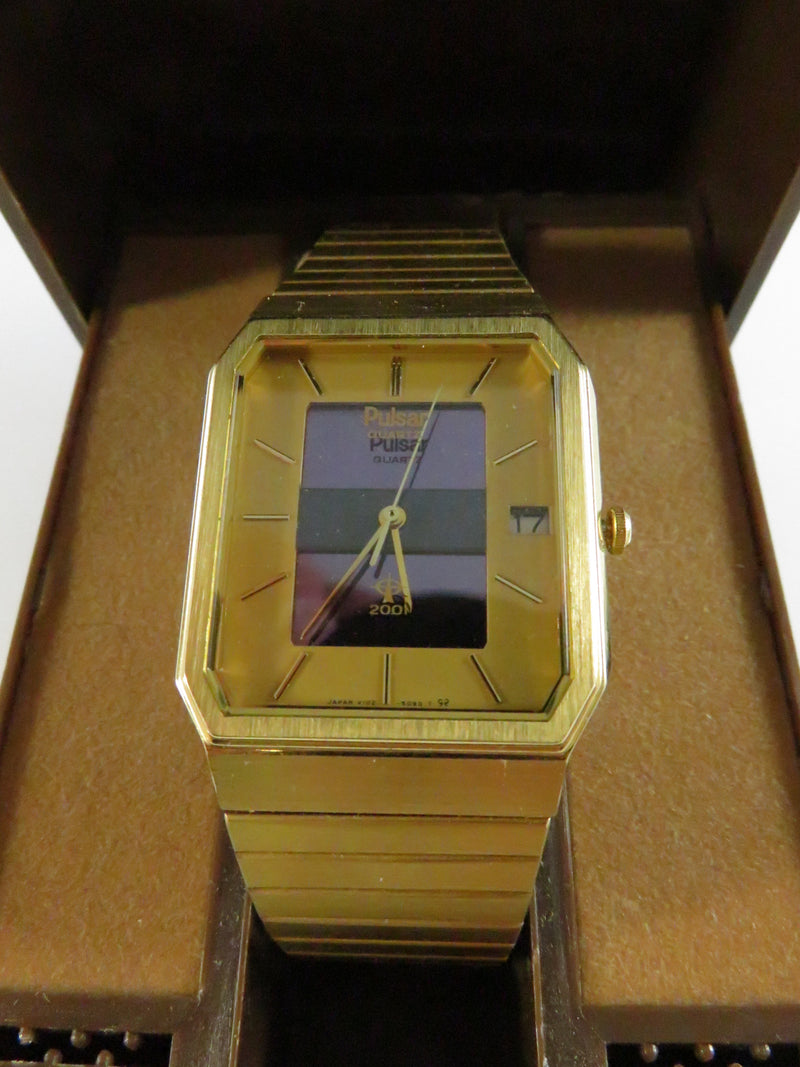 Vintage 1985 Pulsar 2001 Quartz Gold Tone Men’s Watch with Box - Model V102-5069