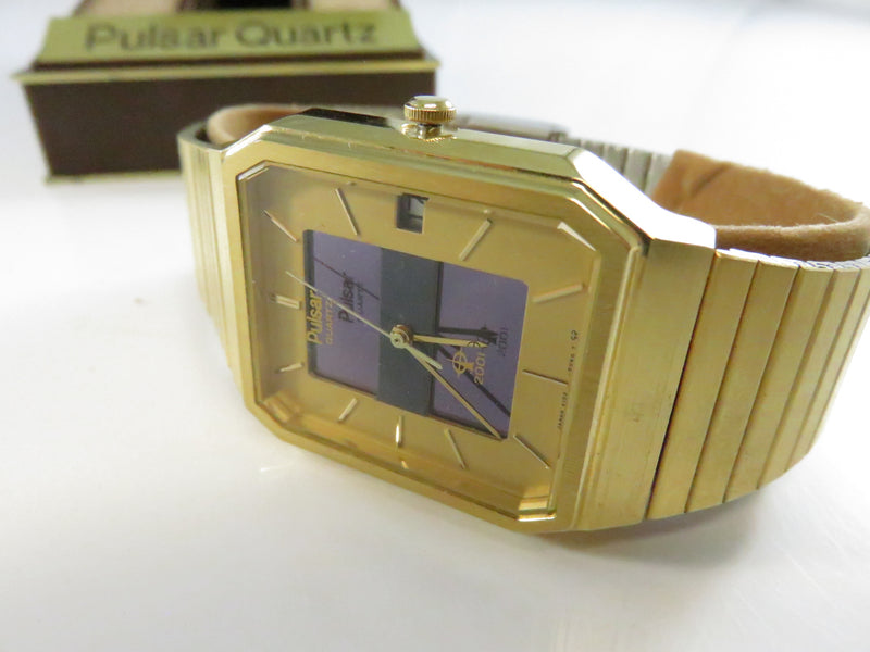 Vintage 1985 Pulsar 2001 Quartz Gold Tone Men’s Watch with Box - Model V102-5069