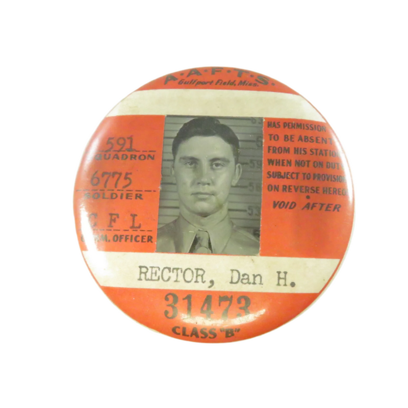 Vintage-style badge with a photograph and text on an orange background