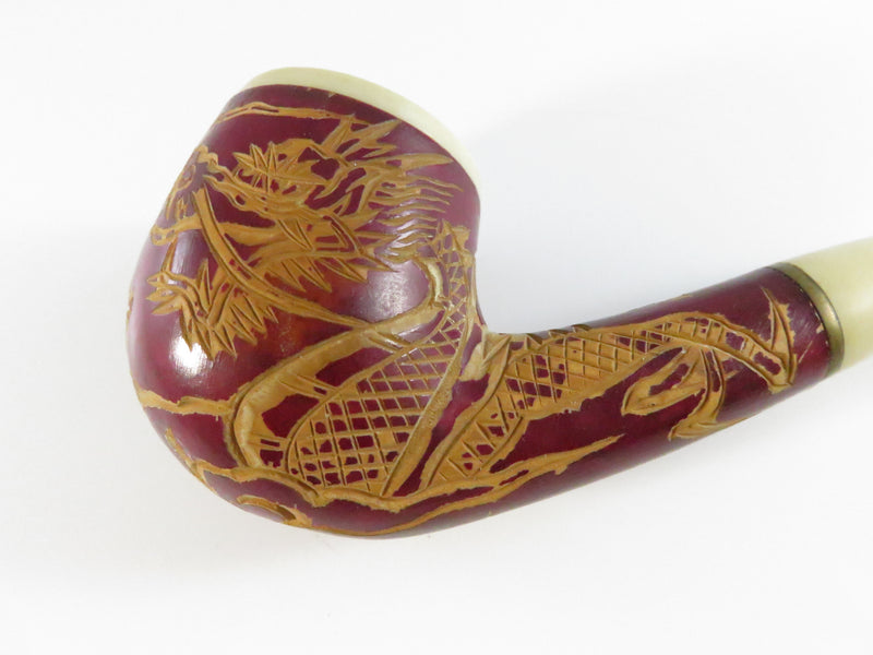 Vintage Carved Dragon Design Smoking Pipe Bakelite Style Stem & Bowl - 5 3/8"