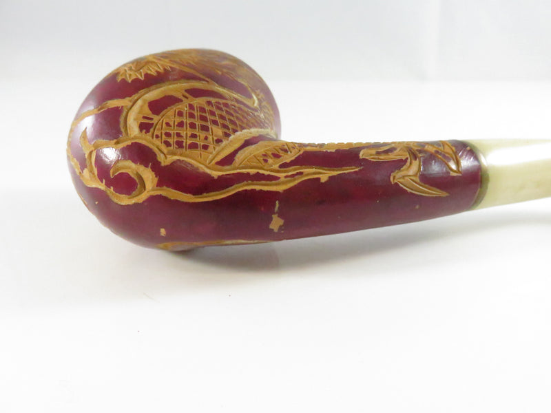 Vintage Carved Dragon Design Smoking Pipe Bakelite Style Stem & Bowl - 5 3/8"