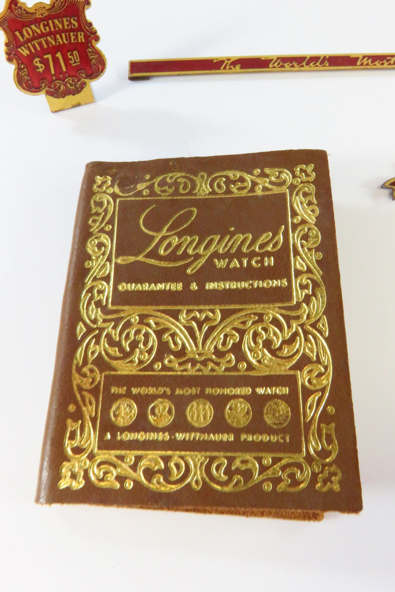 Vintage Longines Watch Owners Manual And Metal Watch Case Badges