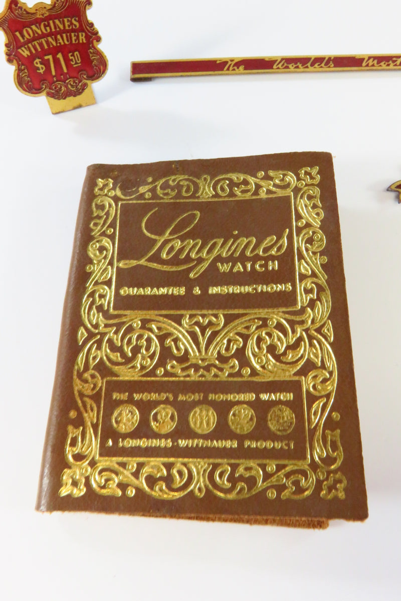 Vintage Longines Pocket Watch Owners Manual And Metal Watch Case Badges