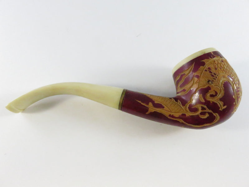 Vintage Carved Dragon Design Smoking Pipe Bakelite Style Stem & Bowl - 5 3/8"