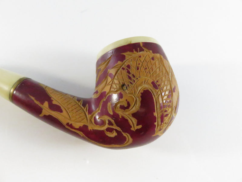 Vintage Carved Dragon Design Smoking Pipe Bakelite Style Stem & Bowl - 5 3/8"