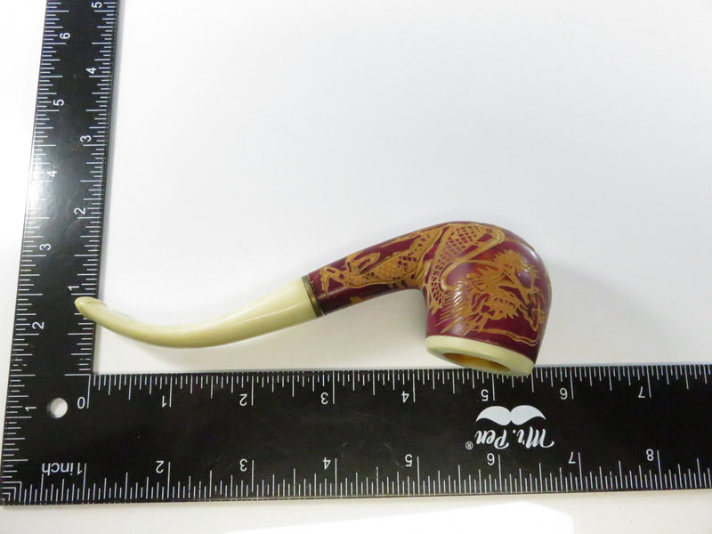 Vintage Carved Dragon Design Smoking Pipe Bakelite Style Stem & Bowl - 5 3/8"