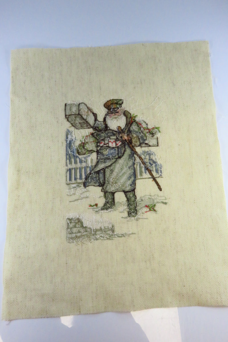 Medium Completed Old Father Christmas Victorian Style Needlepoint Canvas