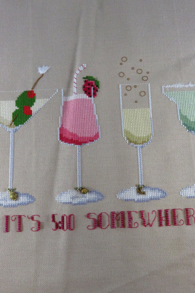 Large Completed It's 5:00 Somewhere Needlepoint Canvas With Charms 19" x 13 1/2"