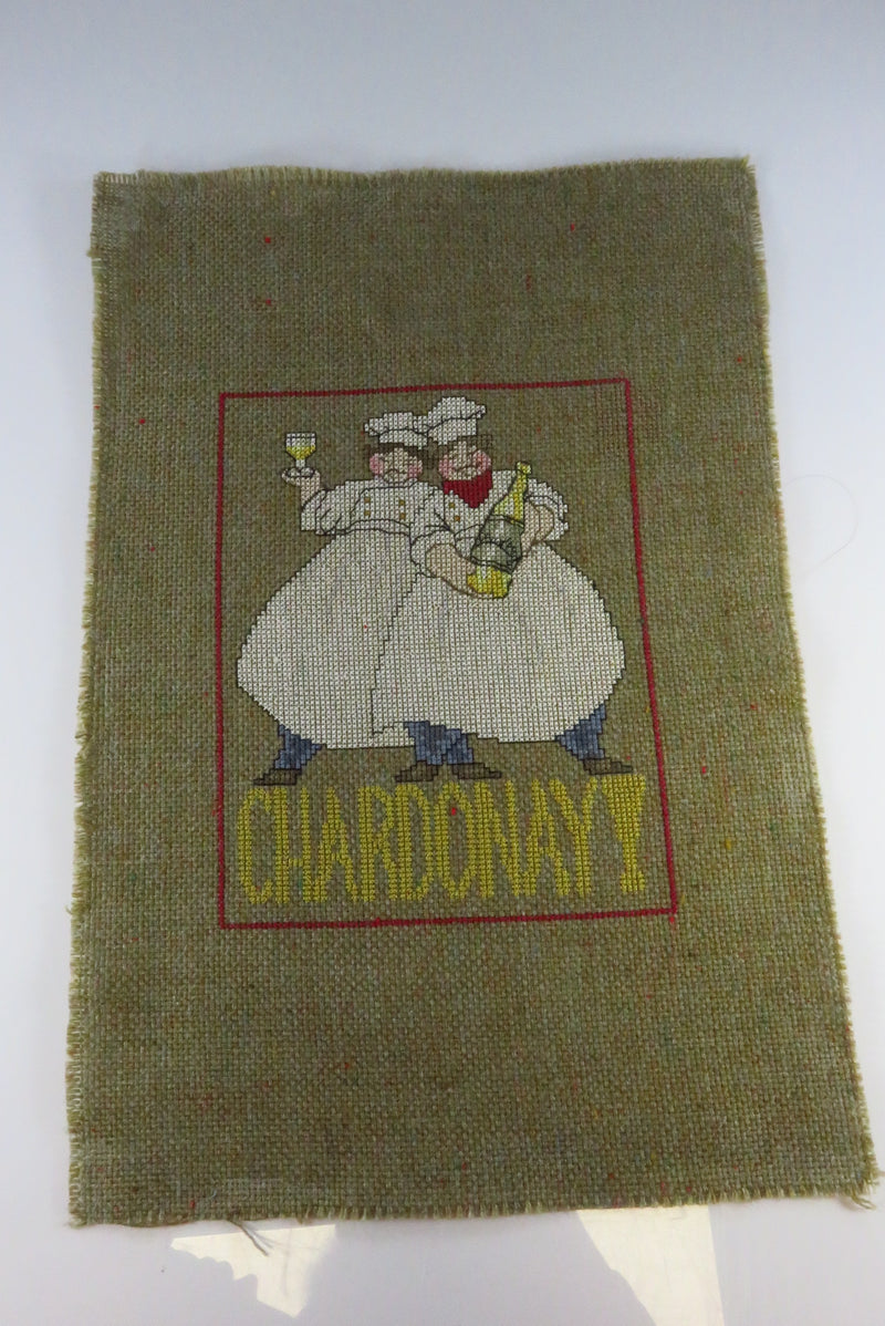 Small Completed Chardonay Chef Themed Needlepoint Canvas 13" x 9"