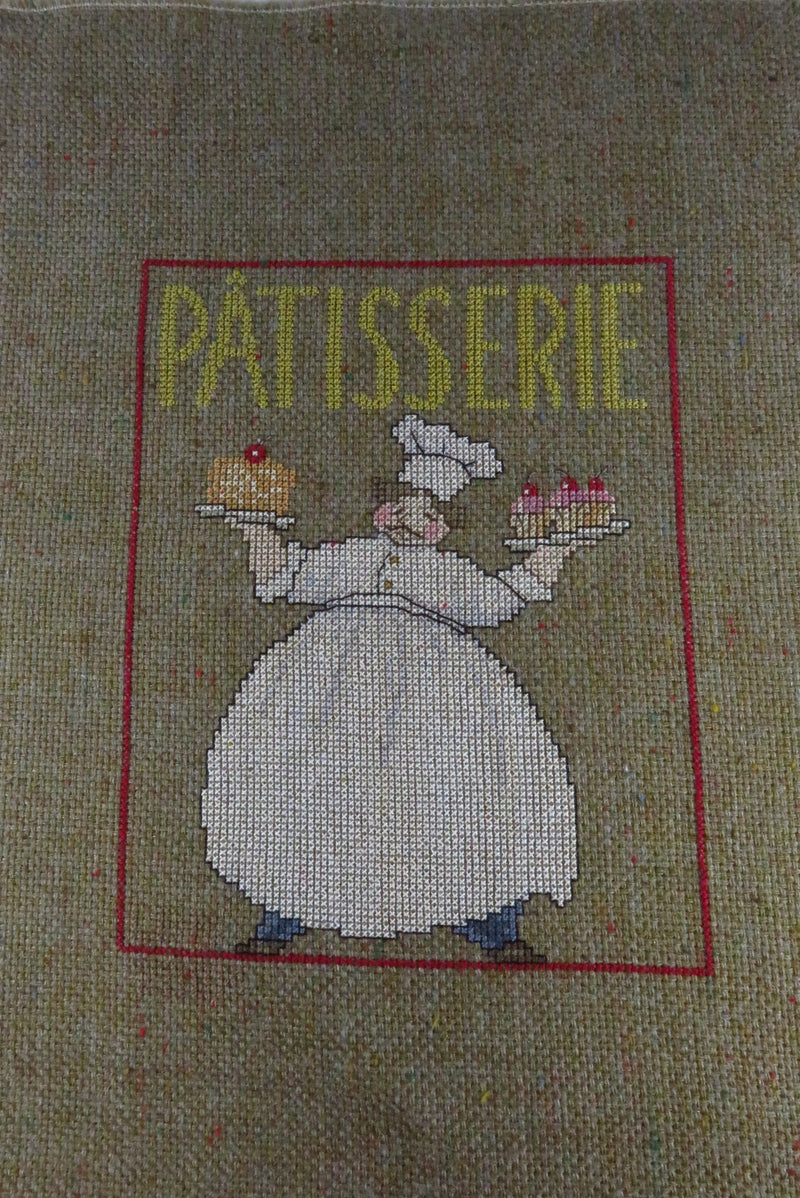 Small Completed Patisserie Chef Themed Needlepoint Canvas 13" x 9"