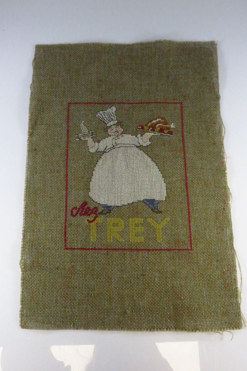 Small Completed Cheg Trey Chef Themed Needlepoint Canvas 13" x 9"