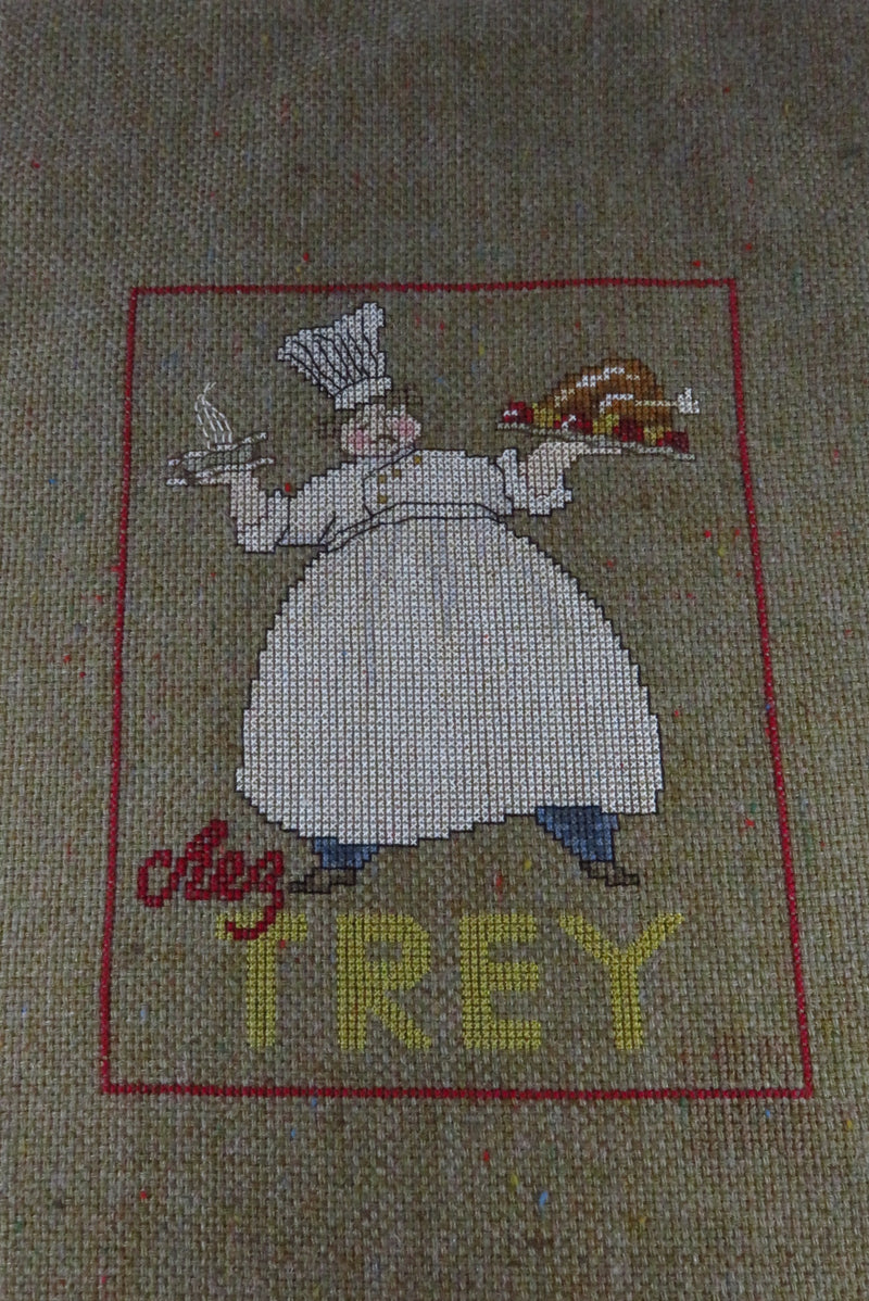 Small Completed Cheg Trey Chef Themed Needlepoint Canvas 13" x 9"