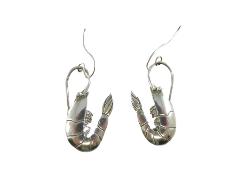 Silver shrimp-shaped earrings on a white background