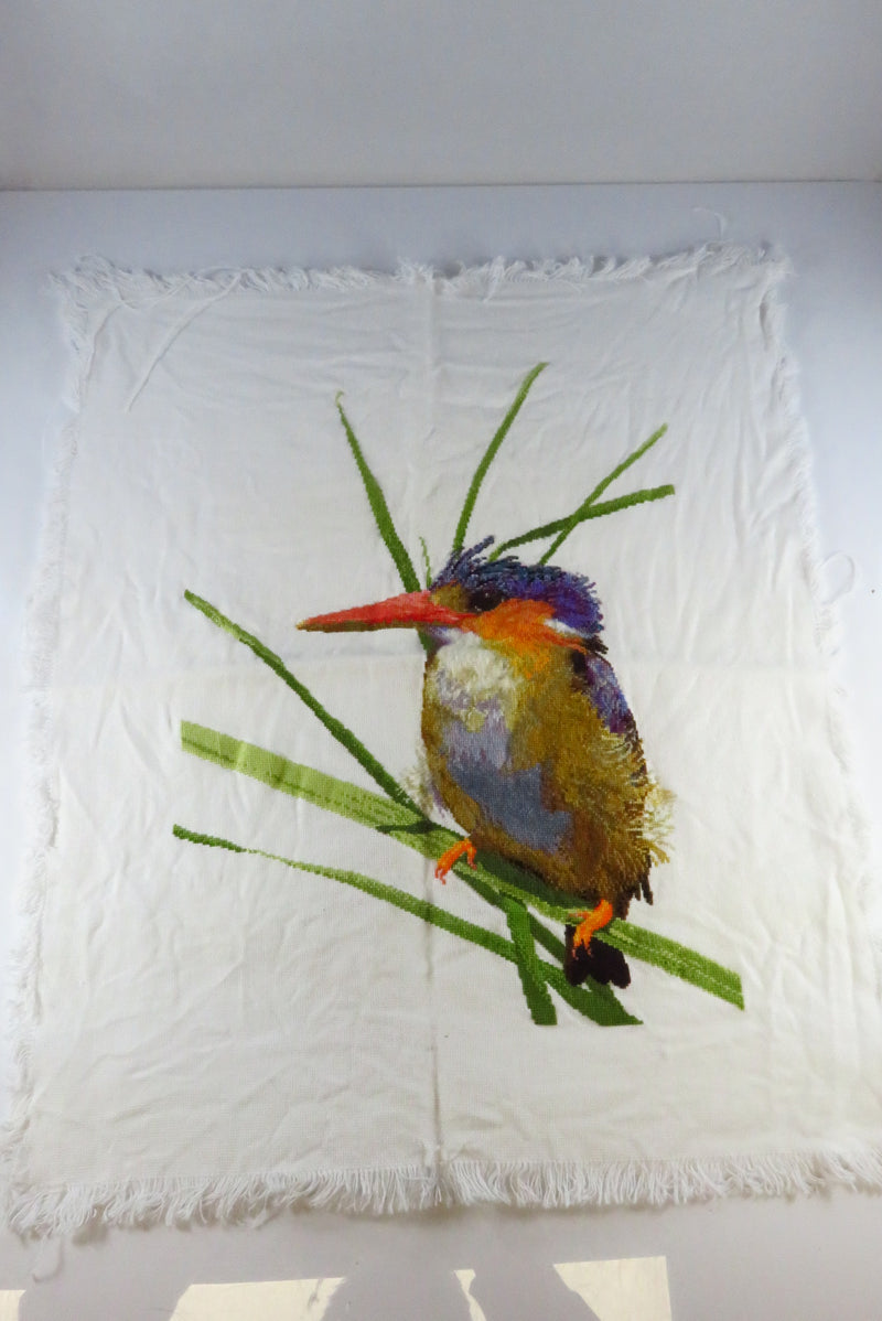 Large Completed Spike the Malachite Kingfisher Needlepoint Canvas 17" x 14"