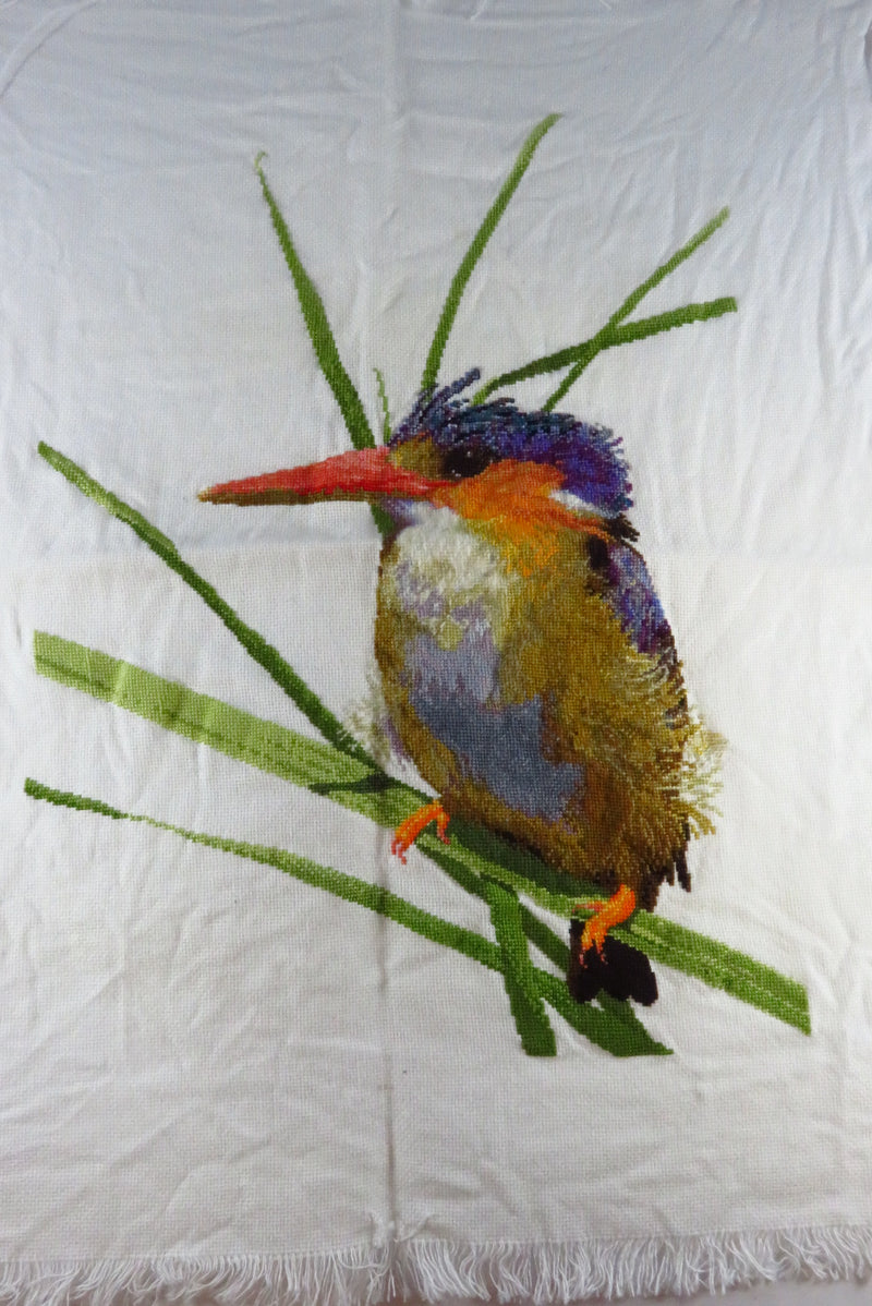 Large Completed Spike the Malachite Kingfisher Needlepoint Canvas 17" x 14"