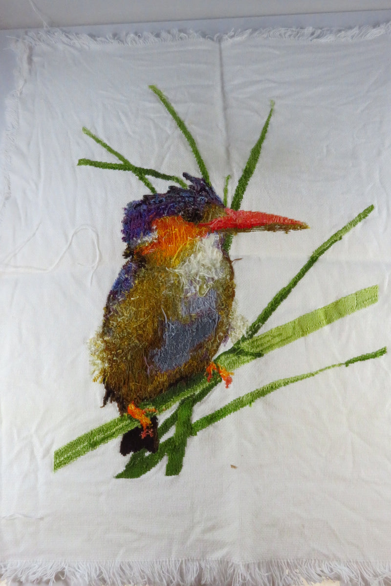 Large Completed Spike the Malachite Kingfisher Needlepoint Canvas 17" x 14"