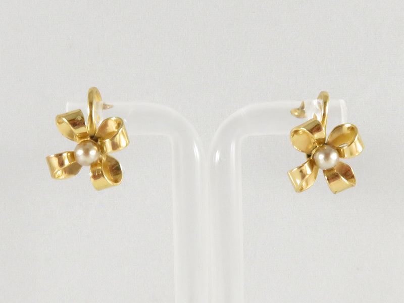 Gold Gilded Sterling Bow Screw Back Earrings with Faux Pearl  Elegance and Sophisticated Pre-owned