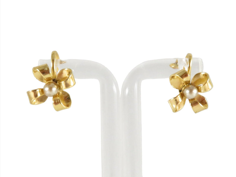 Gold Gilded Sterling Bow Screw Back Earrings with Faux Pearl Elegance and Sophi — Jewelry & Watches:Vintage & Antique Jewelry