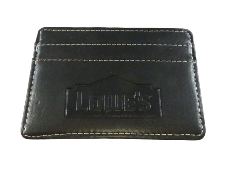 Black leather cardholder with 'Timberline' branding on a white background