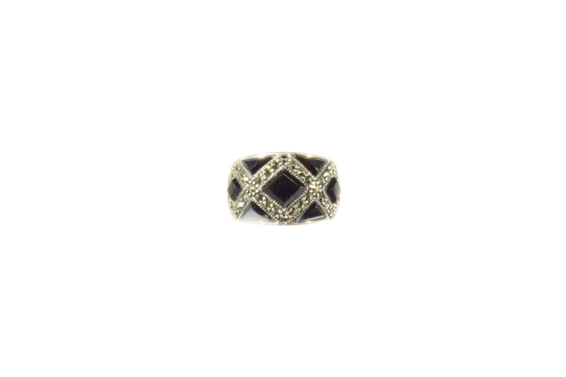 Fashionable Onyx & Marcasite Accented Sterling Silver Band Ring Size 5 3/4 — Sterling Silver, Silver — front view
