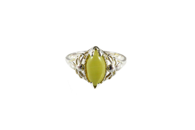 Yellow Glass Marquise Cabochon Pierced Setting White Metal Ring Size 8.25 — front view