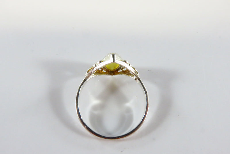 Yellow Glass Marquise Cabochon Pierced Setting White Metal Ring Size 8.25