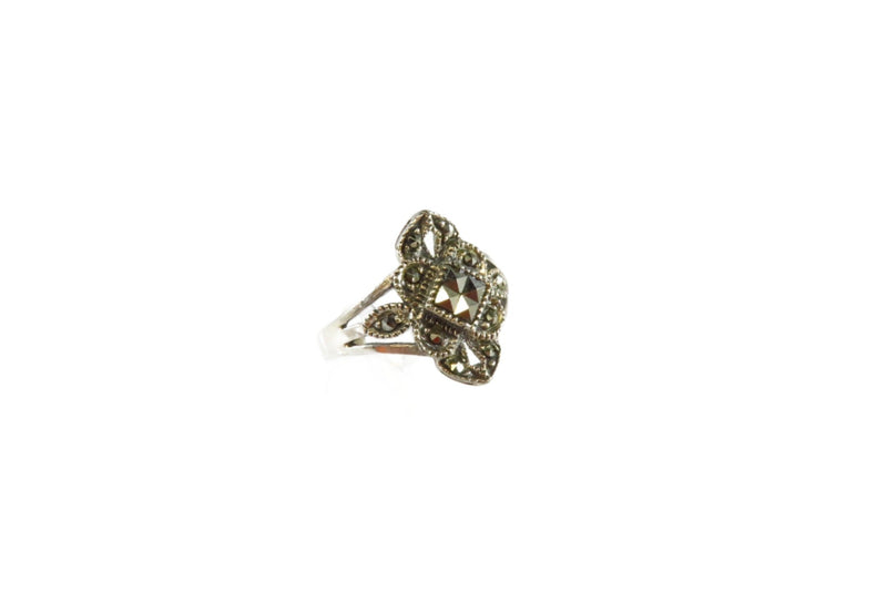 Sterling Marcasite Fancy Oblong Silver Ring Art Deco Style Size 6.5 — Sterling Silver, Silver — front view