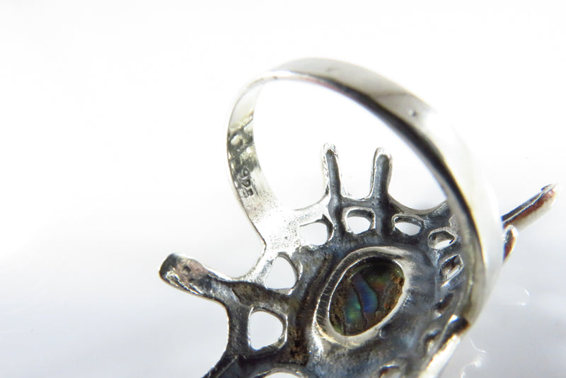 Large Spider Web Sun Burst Vintage Sterling Silver Abalone Ring Size 7.5