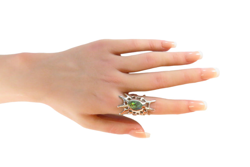 Large Spider Web Sun Burst Vintage Sterling Silver Abalone Ring Size 7.5