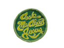 Ask Me About Jesus Vintage Sew-On Patch Green Yellow – 2 7/8" Round — front view