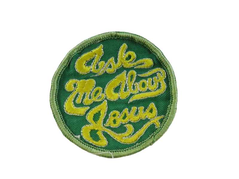 Ask Me About Jesus Vintage Sew-On Patch Green Yellow – 2 7/8" Round — front view