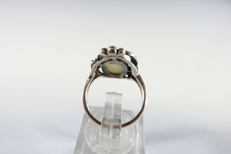 Southwestern Style Mother of Pearl Sterling Silver Feather Ball Ring Size 4.75