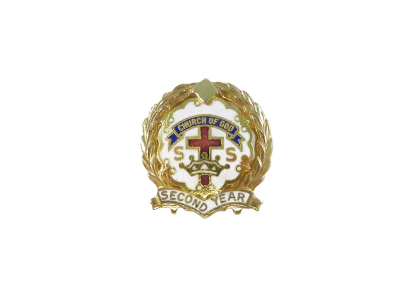 Pin with 'Church of God' emblem and 'Second Year' text on a white background