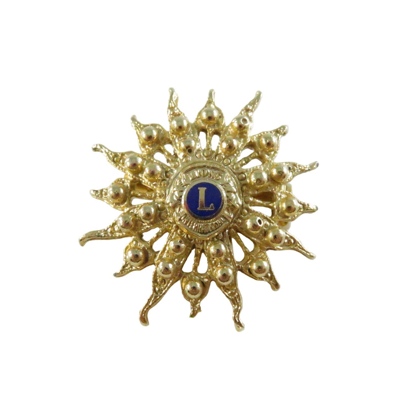 Lions Club International Sunburst Collectible Pinback Lapel Pin Brooch — Gold, Enamel — front view