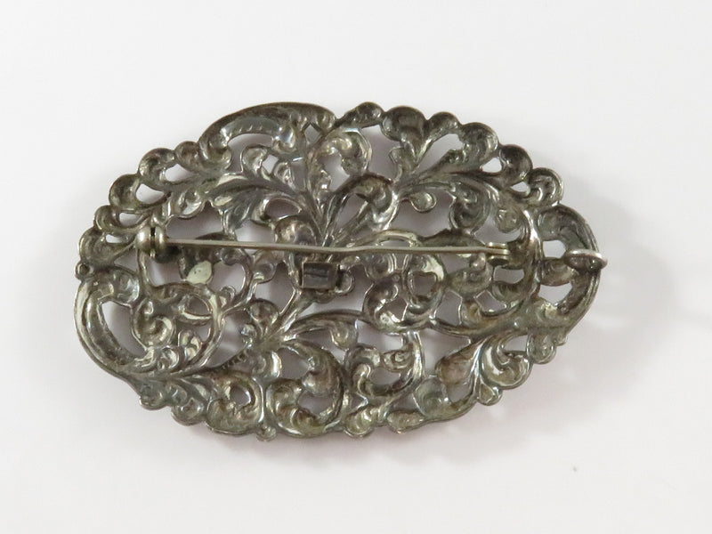 Vintage Sterling Silver Repousse Oval Pierced Floral Brooch by Michelle 2 1/2" x 1 5/8"
